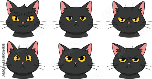 Cute Black Cat Face Expression Collection Set with Grumpy Angry Sad and Moody Cartoon Feline Character Elements
