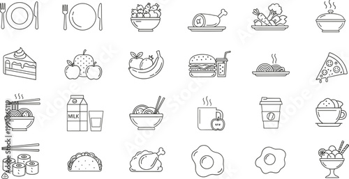 Food and Restaurant Outline Icon Set with Burger Pizza Sushi Noodle Coffee Chicken Cake and Meal Elements