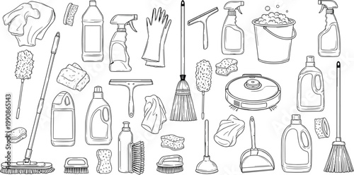
Cleaning Supplies Outline Doodle Set with Mop Broom Bucket Spray Sponge Brush Glove and Household Tool Elements