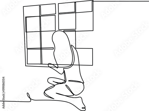 Person kneeling and looking through a window with multiple panes. Vector