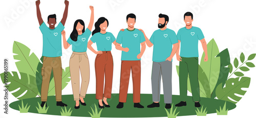 Diverse Volunteer Team Group with Heart T-Shirt Standing Together in Nature with Tropical Leaves Community Illustration