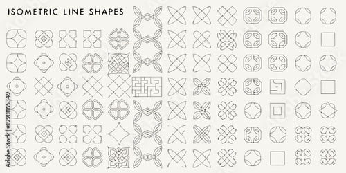 Isometric line shapes and patterns arranged in a grid formation