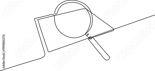 A magnifying glass examining a flat geometric shape with a circular cutout. Vector