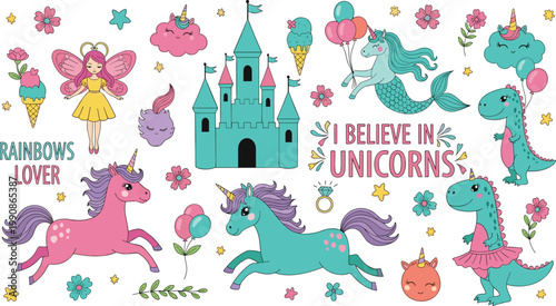 Cute Magical Unicorn Fairy Princess Castle Mermaid Dinosaur Rainbow Set with I Believe In Unicorns Fantasy Elements
