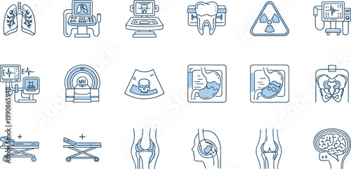 Colorful medical diagnostic icon vector illustration featuring X‑rays, MRI, ultrasound, heart monitor, brain scan, and hospital equipment