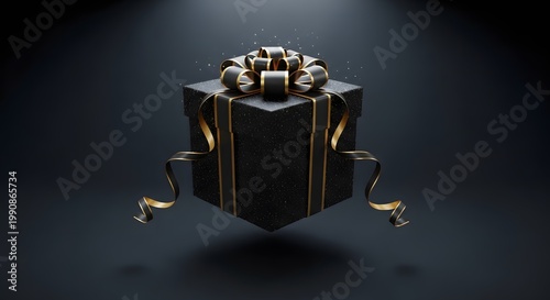 Luxury black gift box, elegant present with gold ribbon, premium floating surprise package