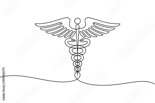 Caduceus medical symbol continuous line drawing for healthcare pharmacy and hospital design.