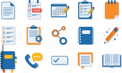 Colorful office productivity icon vector illustration featuring documents, calendars, task lists, communication, gears, and organizational tools