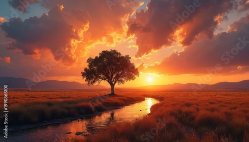 Solitary tree stands by river. Sunset paints sky orange, clouds glow. Grass fields stretch to distant hills. Water reflects bright sun and fiery clouds.