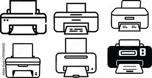 Vector Icon of a Printer Device in Outline Style, Rectangular Body with Paper Output, Minimal Line Art Design, Isolated on White Background, Office Printing and Document Output Symbol Illustration