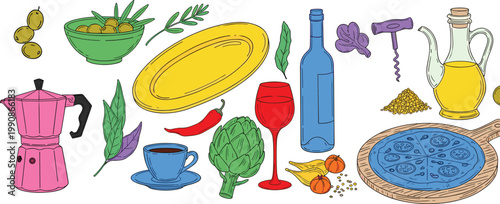 Colorful Mediterranean cuisine vector illustration featuring kitchen tools, wine, pizza, salad, herbs, and fresh ingredients