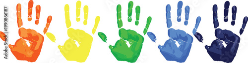 Colorful rainbow handprint vector illustration featuring painted palm impressions symbolizing diversity, creativity, unity, and artistic expression