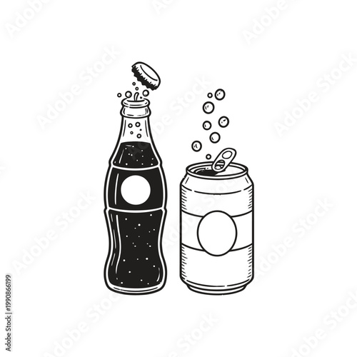 vector sketch illustration of an opened soda can and bottle