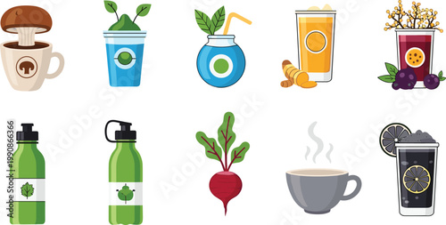 Healthy Wellness Beverage Vector Icon Set Featuring Mushroom Coffee Green Detox Smoothies Beetroot Juice Turmeric Tonic and Organic Herbal Drinks for Lifestyle Nutrition