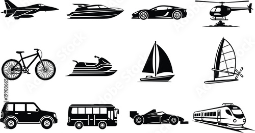 A collection of various transportation vehicles is displayed in a simple black and white graphic style high quality professional detailed modern