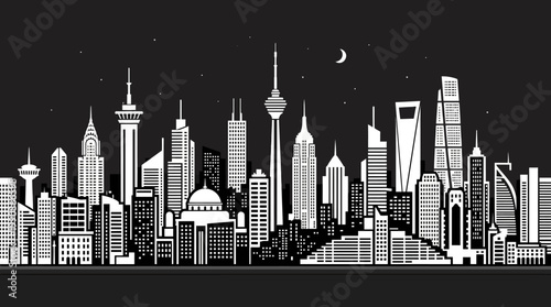 Cityscape illustration of a nighttime skyline with tall buildings and a crescent moon visible