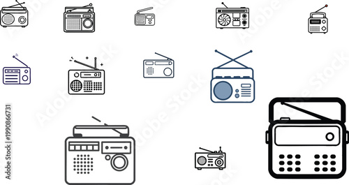Vector Icon of a Radio in Outline Style, Rectangular Device with Antenna, Minimal Line Art, Isolated on White Background, Audio Broadcasting and Communication Symbol Illustration