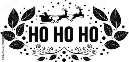 A festive black and white illustration depicts santa claus and reindeer flying through a winter scene with foliage high quality professional