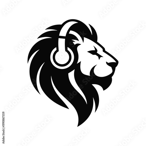 Black and white illustration of a lion wearing headphones