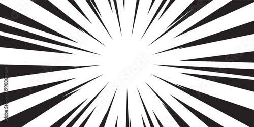 Diagonal speed lines background. Comic book sunburst. Abstract black and white radial line frame design. Manga or anime cartoon explosion wallpaper. Pop art light beams or rays effect. Vector backdrop