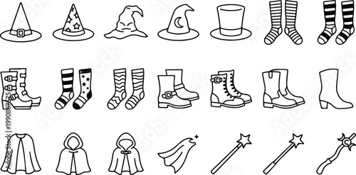 Set of 21 wizard and witch costume icons featuring magical hats, striped socks, gothic boots, hooded cloaks, and magic wands in a clean black line art style.