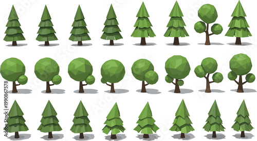 Low Poly Green Tree Set Collection with Pine and Round Trees Vector Illustration Bundle