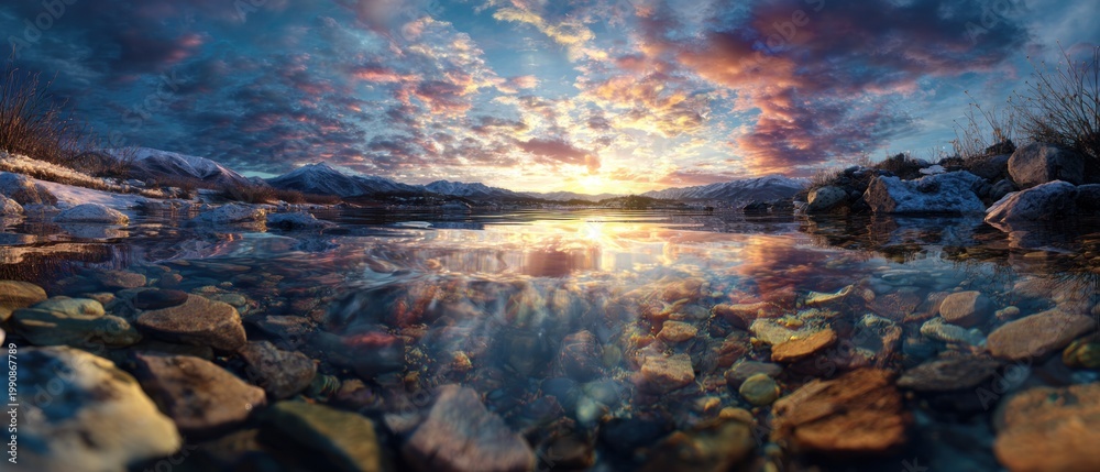 Fototapeta premium Tranquil landscape scene with water reflections of colorful sky during sunset