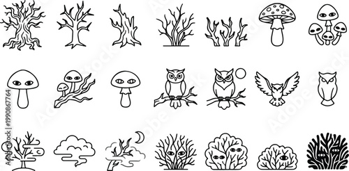Set of 21 spooky forest and dark nature icons featuring dead trees, owls, eerie mushrooms with eyes, and mysterious bushes in a clean line art style.
