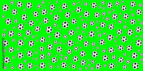 Vibrant green background with a scattered pattern of black and white soccer balls. Abstract sports-themed design for football championships and athletic events.