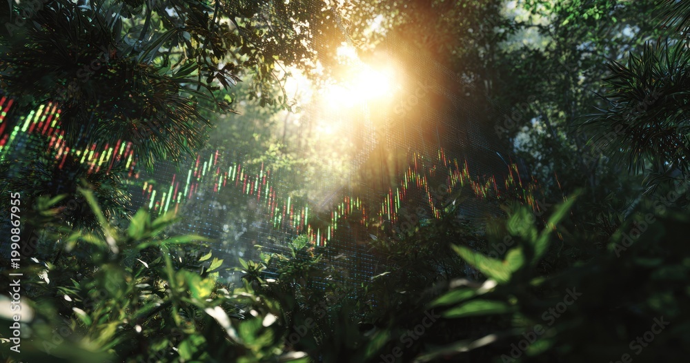 Fototapeta premium Sunlight streams through lush green foliage in natural environment