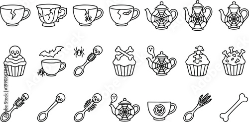 Set of 21 spooky tea party and gothic kitchen icons featuring spiderweb teapots, skull cupcakes, skeleton spoons, and cracked teacups in a clean line art style.