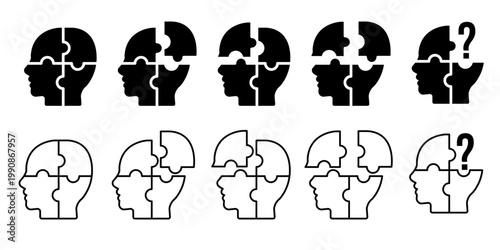 Human Profile Jigsaw Puzzle Icons for Mental Health and Psychology