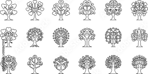 Outline Decorative Tree of Life Icons Set with Hearts People Peace Symbols Nature Vector