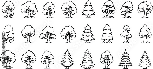 Outline Deciduous Pine Spruce Tree Icons Large Set Collection Various Shapes Nature Forest Vector