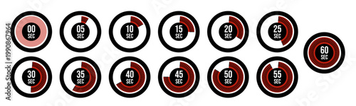 Digital Countdown Timer Icons Set 0 to 60 Seconds UI Elements