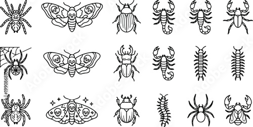 Set of 21 spooky insect and creepy crawler icons featuring spiders, scorpions, centipedes, and skull-patterned moths in a clean black line art style.