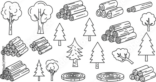 Outline Forest Lumber Wood Logging Icons Set with Pine Trees Logs Stumps Timber Vector