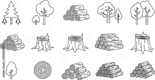Outline Lumber Wood Logging Icons Set with Trees Stumps Logs Timber Nature Forest Vector