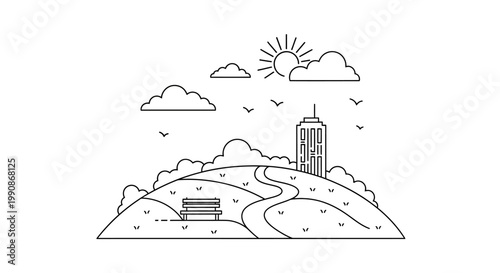 Scenic Hill Park with Skyscraper and Winding Path, Bench and Trees under Sunny Sky, line art illustration.