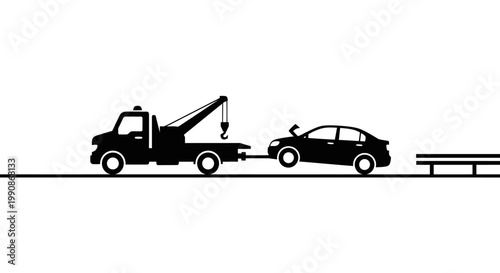 Tow Truck Pulling a Broken Down Car on the Road, Roadside Assistance Service, isolated white background.