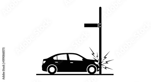 Car Accident Colliding with a Roadside Pole, Vehicle Damage and Impact, isolated white background.