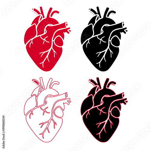 Anatomical Human Heart Icons Set in Red and Black Colors