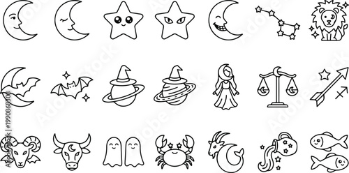 Set of 21 cute astrology and zodiac icons featuring mystical moon faces, stars, planets with witch hats, and celestial horoscope symbols in a clean line art style.
