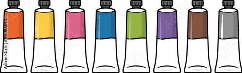 Colorful Paint Tubes Row Flat Vector Illustration with Minimal Artist Supplies in Clean Modern Style