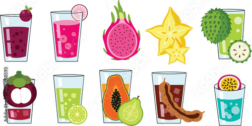 Tropical Exotic Fruit Juice Vector Illustration Set Featuring Dragon Fruit Starfruit Mangosteen Papaya Tamarind Guava Passion Fruit and Soursop Drinks for Beach Menus