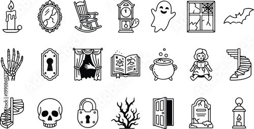 Set of 21 haunted house and paranormal icons featuring spooky furniture, ghosts, gothic decor, and mysterious mansion elements in a clean line art style.