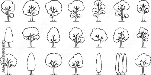 Canvastavla Outline Tree Icons Set Collection with Various Shapes Branches for Nature Forest