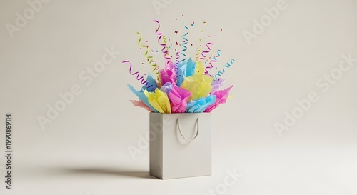 Vibrant party confetti explosion, colorful celebration streamers bursting from a gift bag, festive event design.