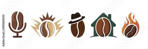 Collection of coffee bean icons in various creative designs and colors