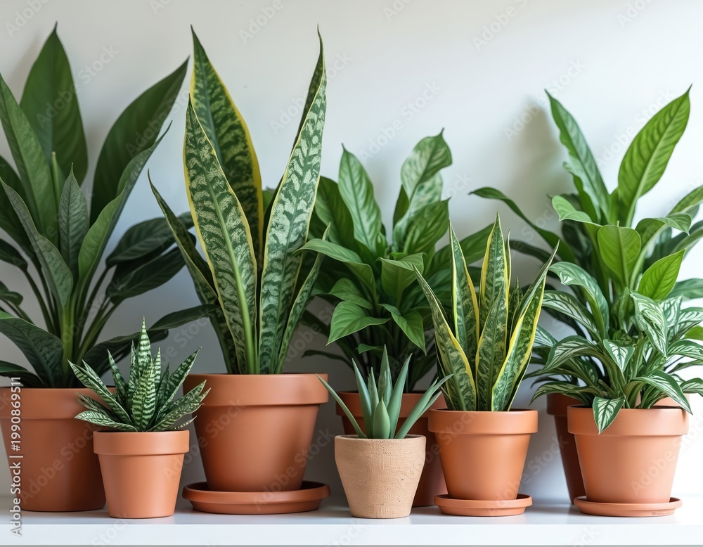 Fototapeta premium Assortment of green houseplants in terracotta pots arranged on shelf. Various leafy plants like snake plant and succulent add natural decor to indoor space. Home garden arrangement.